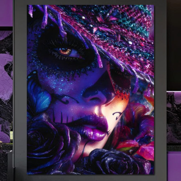 Tablou Canvas Premium, LuxCanva® G1156, Privirea care Vrajeste, Noapte, Mov, Palarie, Tatuaj, Trandafiri, Violet, Suflet, Ratacire, Mexic, Decorativ, Intens, Fascinant, Birou, Living, Dormitor