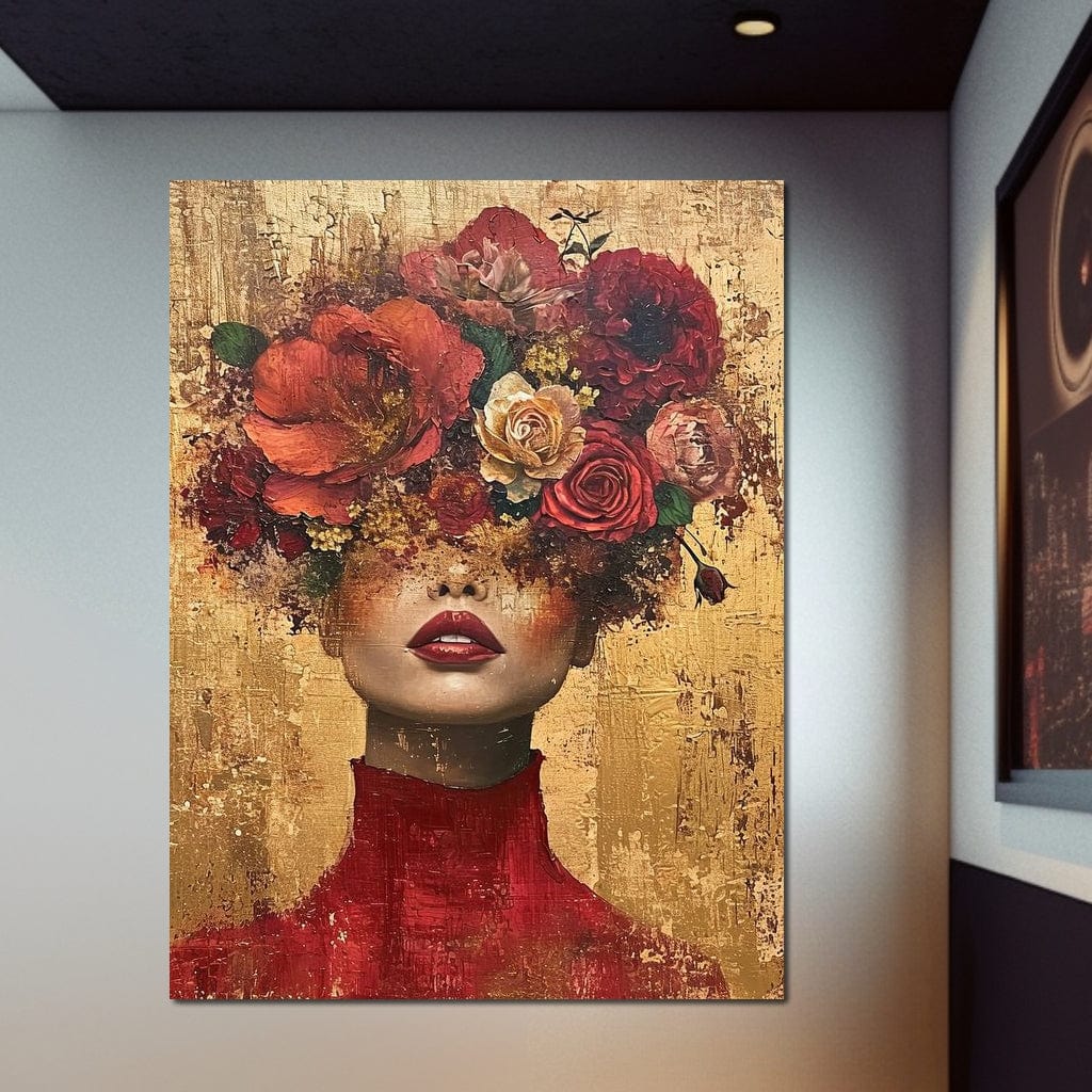 Tablou Canvas Premium LuxCanva® G1029, Femeia si Trandafirii , Natura, Petale, Trandafiri, Detalii, Portret, Romantism, Living, Dormitor, Culori vibrante