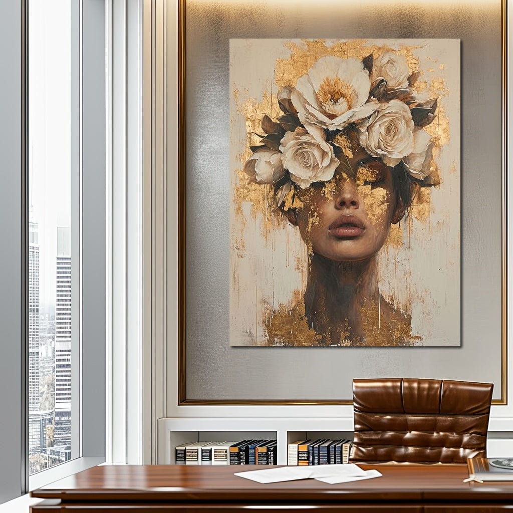 Tablou Canvas Premium LuxCanva® G1020, Metamorfoza Feminitatii , Visare, Flori, Misterioasa, Gold, Suflet, Ganduri, Portret, Living, Dormitor, Culori vibrante