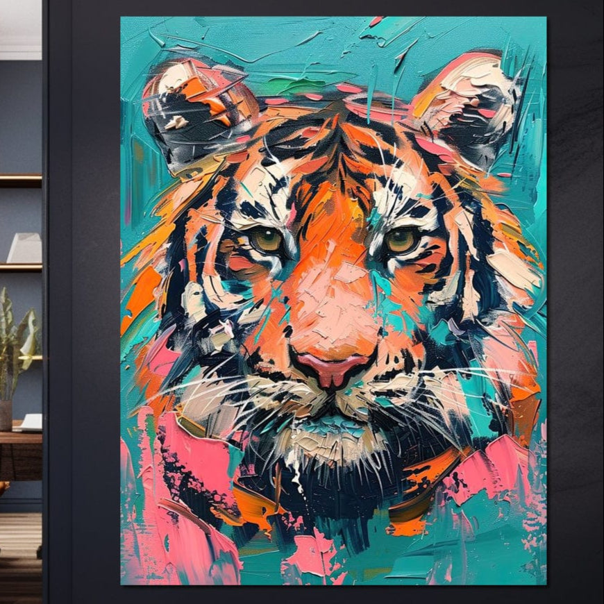 tablou canvas cu un cap de tigru pictat in culori pastelate stil Pop Art, pe fundal in nuante de turcoaz si roz