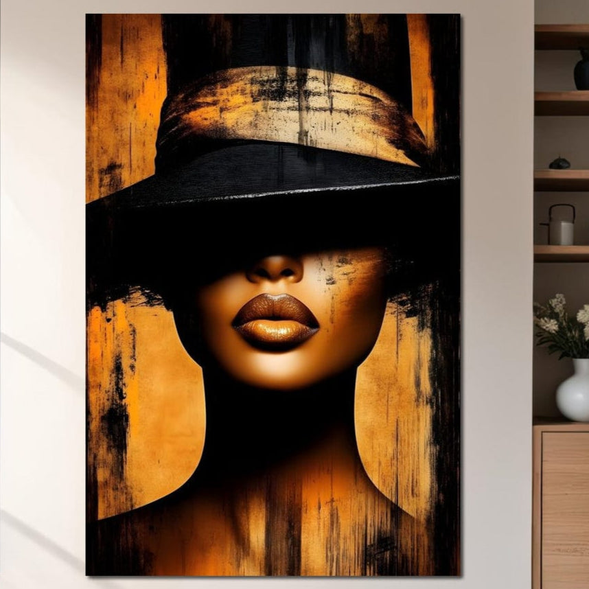 Tablou Canvas Premium, LuxCanva® G1175, Pasiune Mascata, Umbra, Negru, Auriu, Catifea, Eleganta, Dramatism, Vizual, Senzualitate, Lux, Buze, Revista, Salon, Birou, Living, Dormitor