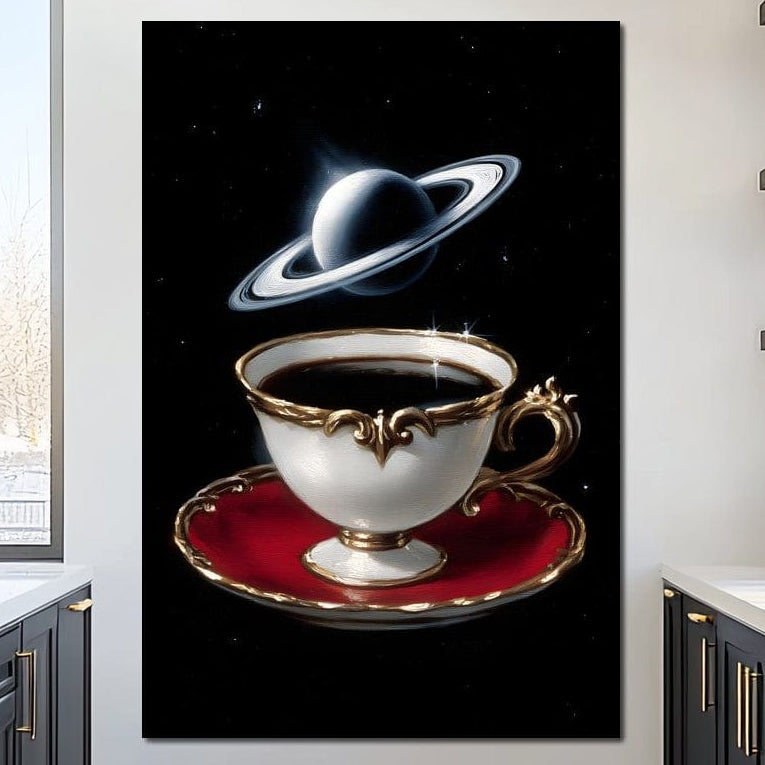 tablou canvas cu o ceasca cu cafea alba cu auriu, pe o farfurie rosie, pe fundal negru instelat si planeta Saturn