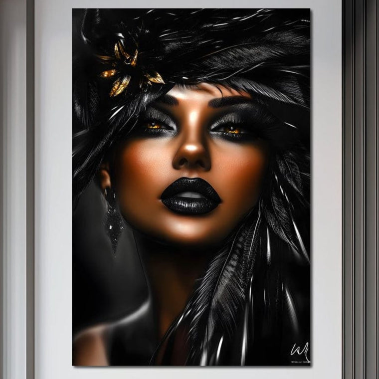 Tablou Canvas Premium, LuxCanva® G1183, Diamantul Negru, Lux, Intunecat, Pene, Negru, Machiaj, Dramatic, Buze, Aur, Arta, Rafinament, Atmosfera, Cinematic, Birou, Living, Dormitor