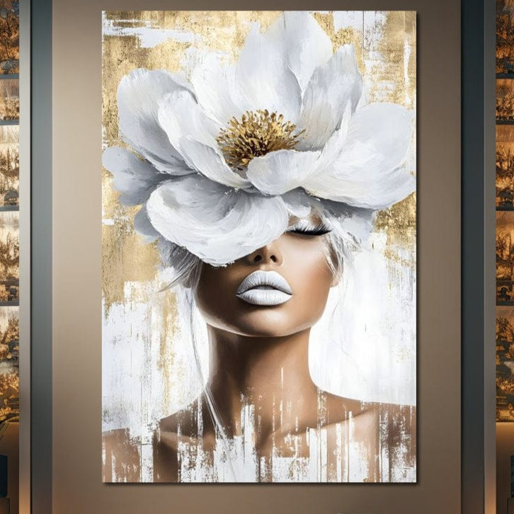 Tablou Canvas Premium, LuxCanva® G1151, Albul Etern, Flori, Magnolie, Alb, Auriu, Regal, Petale, Mireasma, Visare, Tacere, Lux, Glamour, Fashion, Frumusete, Birou, Living, Dormitor