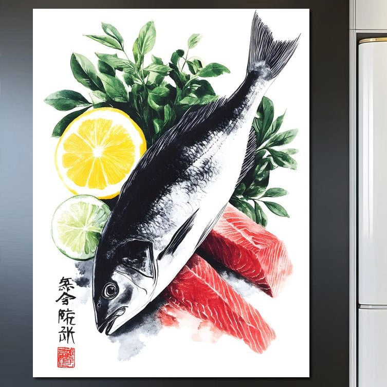 tablou canvas cu un peste, sashimi si lamaie, pe fundal deschis cu verdeturi si litere japoneze