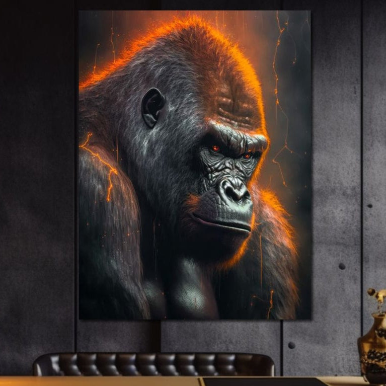 tablou canvas cu o gorila impunatoare, conturata dramatic in nuante de portocaliu electric, pe fundal intunecat
