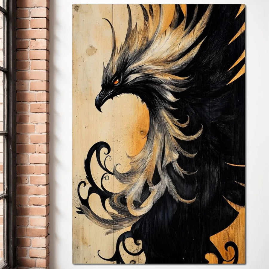 tablou canvas cu o pasare Phoenix in nuante de negru si auriu, pe fundal tip lemn