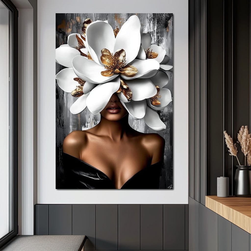 Tablou Canvas Premium LuxCanva® G1025, Misterul Magnoliei , Feminitate, Magnolie, Aur, Alb, Fashion, Glamour, Contrast, Living, Dormitor