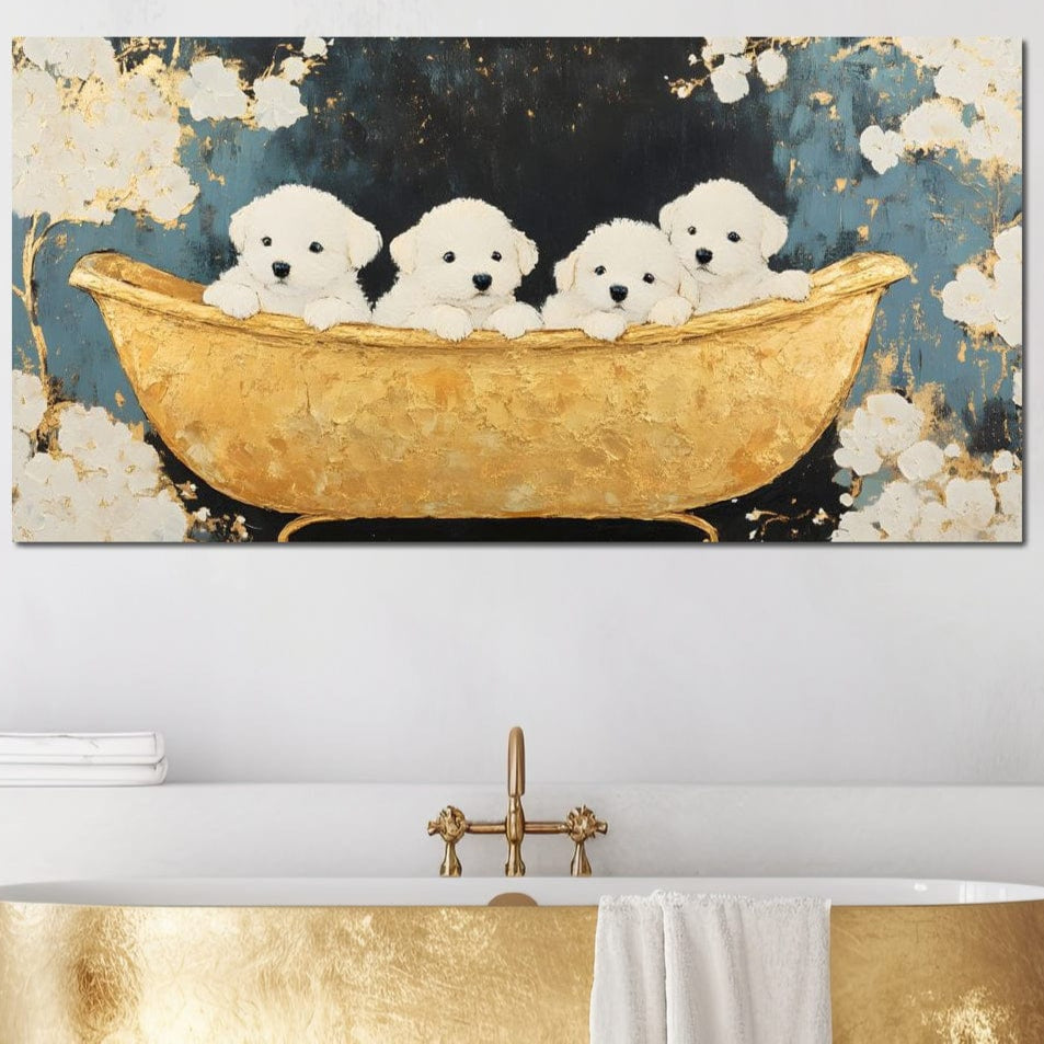 tablou canvas cu patru catelusi albi si pufosi intr-o cada aurie vintage, pe fundal artistic stil marmura cu detalii aurii