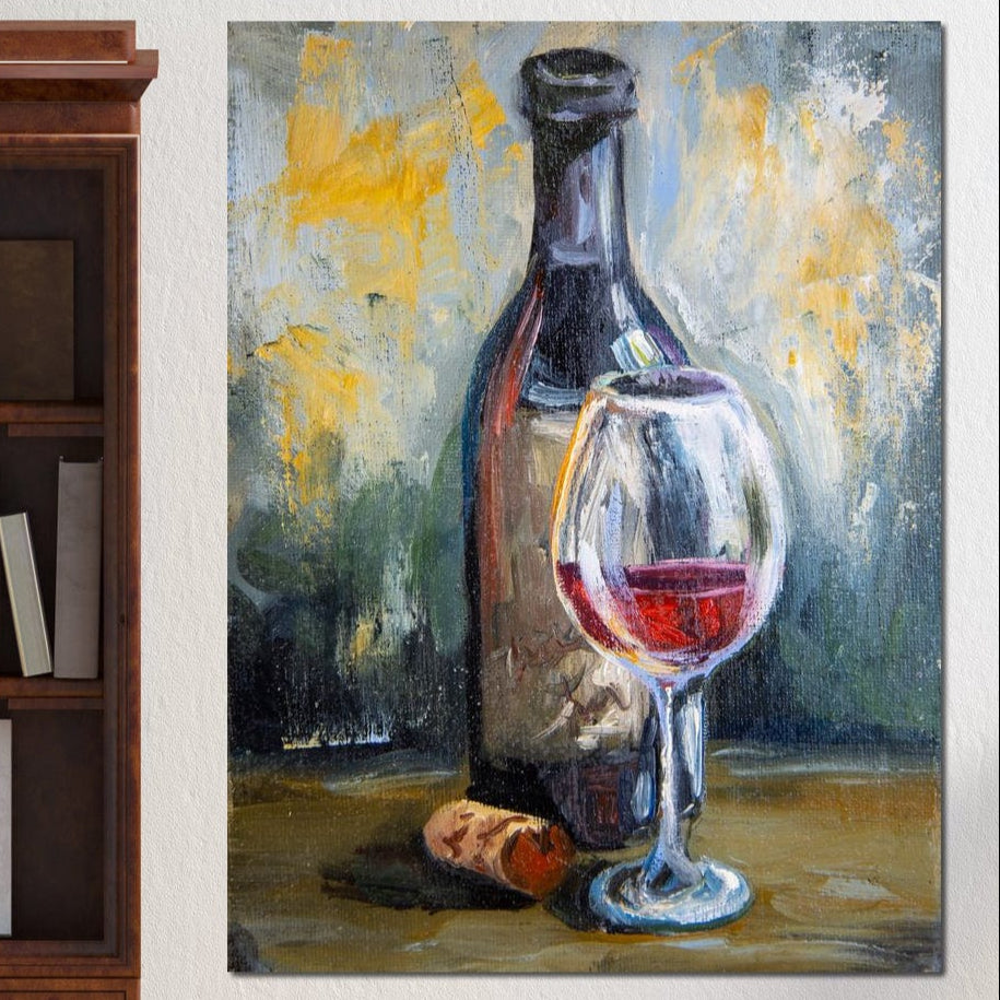 tablou canvas cu o sticla de vin cu dop de lemn si un pahar de vin rosu, pictate in stil rustic