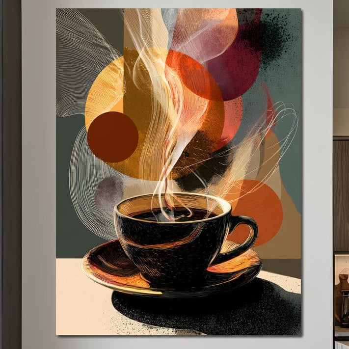 tablou canvas cu o ceasca de cafea espresso fierbinte, cu aburi, pe fundal abstract inchis cu forme nuante calde 