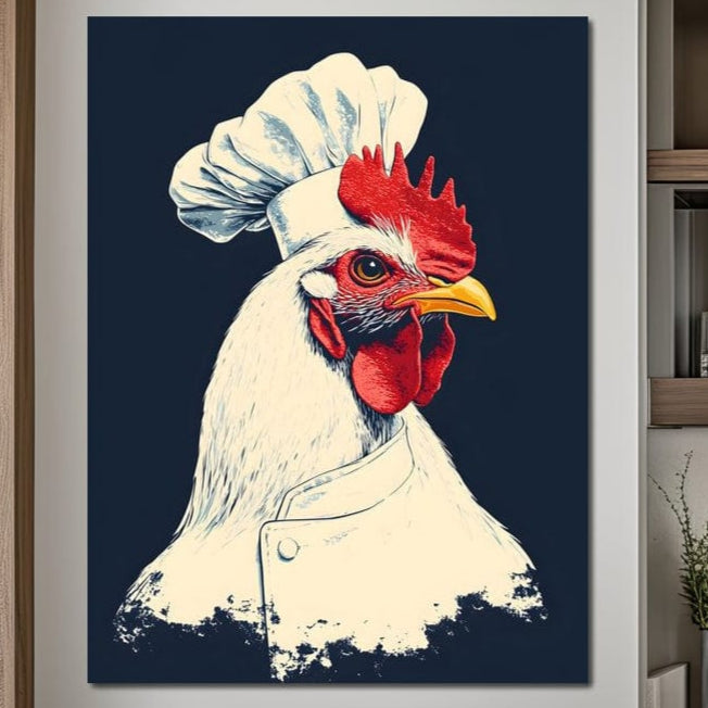 tablou canvas cu o gaina alba in haine de bucatar si boneta alba, pe fundal inchis