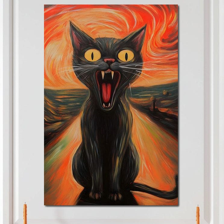 tablou canvas cu o pisica neagra speriata, pe fundal specific expresionismului, pictat in nuante calde 