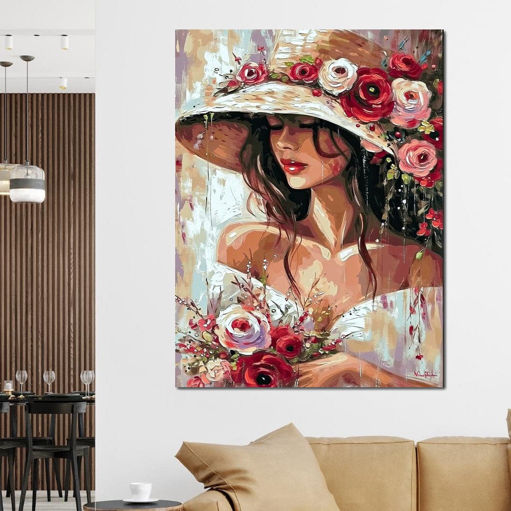 Tablou Canvas Premium LuxCanva® GV1050, Tandretea Florilor, Eleganta, Palarie, Flori, Arta, Romantism, Portret, Natura, Artistic, Vara, Living, Dormitor