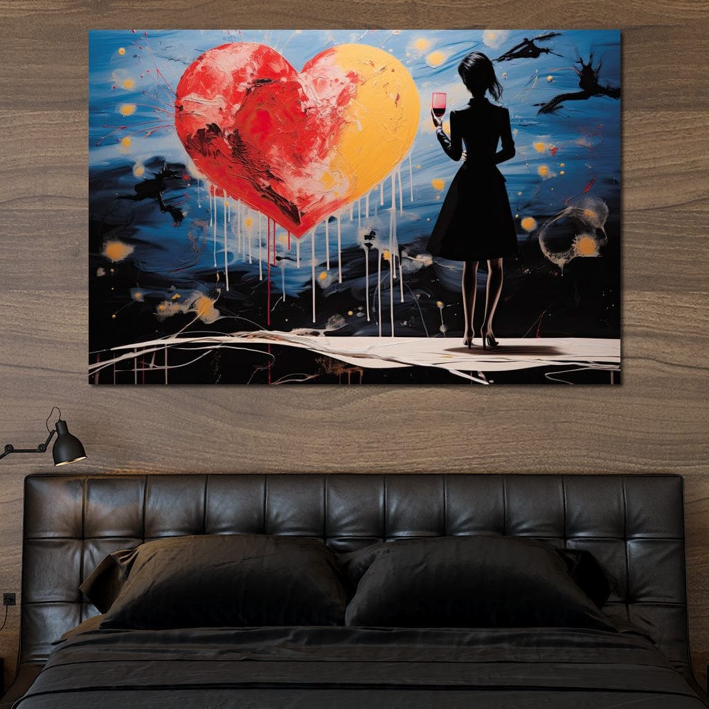 Tablou Canvas Premium, LuxCanva® G1117, Inima si Pahar, Noapte, Iubire, Femeie, Visare, Dor, Dragoste, Indragostita, Vin, Romantism, Living, Dormitor