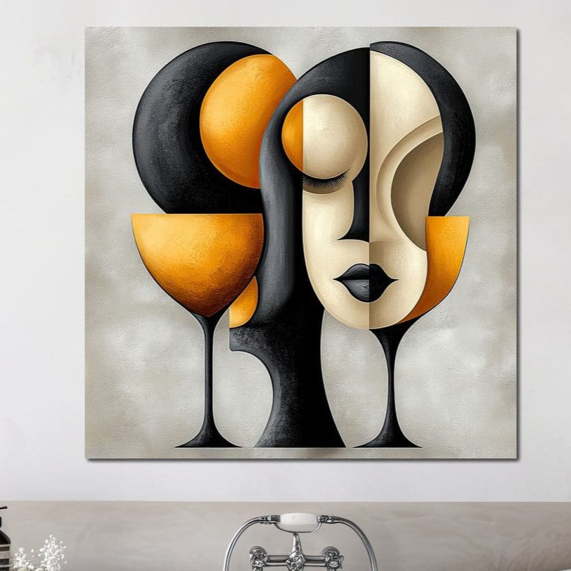 Tablou Canvas Premium, LuxCanva® J1000, Portret In Forme, Abstract, Cubism, Feminism, Pahar, Vin, Aur, Negru, Contur, Dualitate, Reflectii, Living, Dormitor