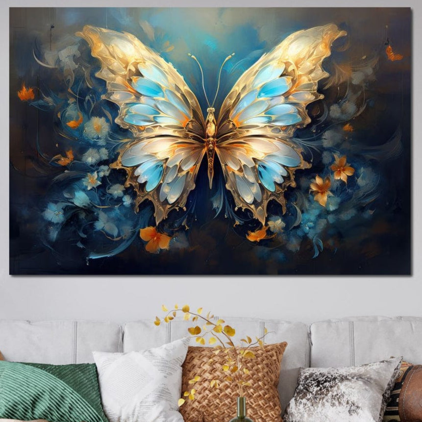tablou canvas cu un fluture auriu sidefat, inconjurat de flori albastre si aurii, pe fundal intunecat si abstract