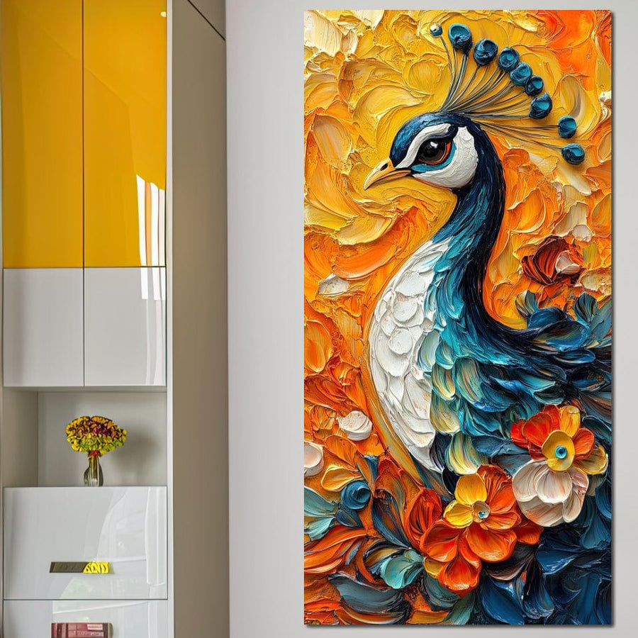 tablou canvas cu un paun elegant printre flori, pe fundal texturat galben si portocaliu