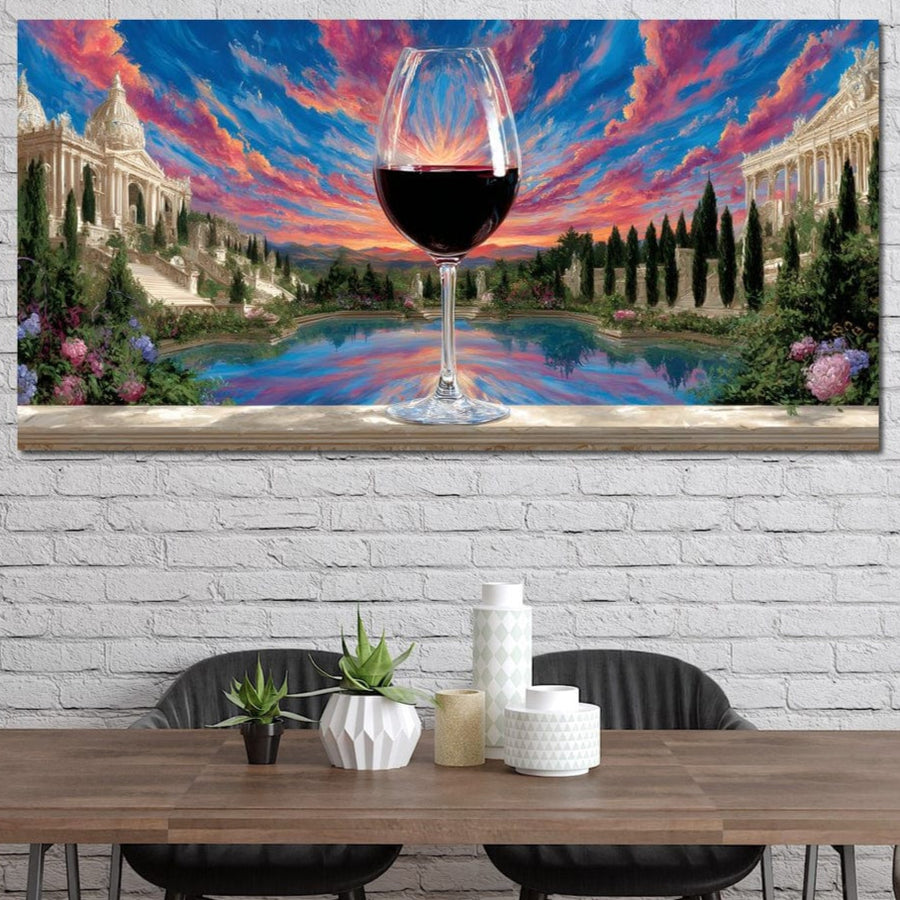 A LuxCanva® Tablou Canvas Premium (N1059) prezintă un pahar cu vin roșu în fața unui apus vibrant, monumente clasice și grădini, fiind ideal pentru decor romantic în pub, bar, restaurant sau bucătărie. Vaze decorative și suculente sunt așezate dedesubt.