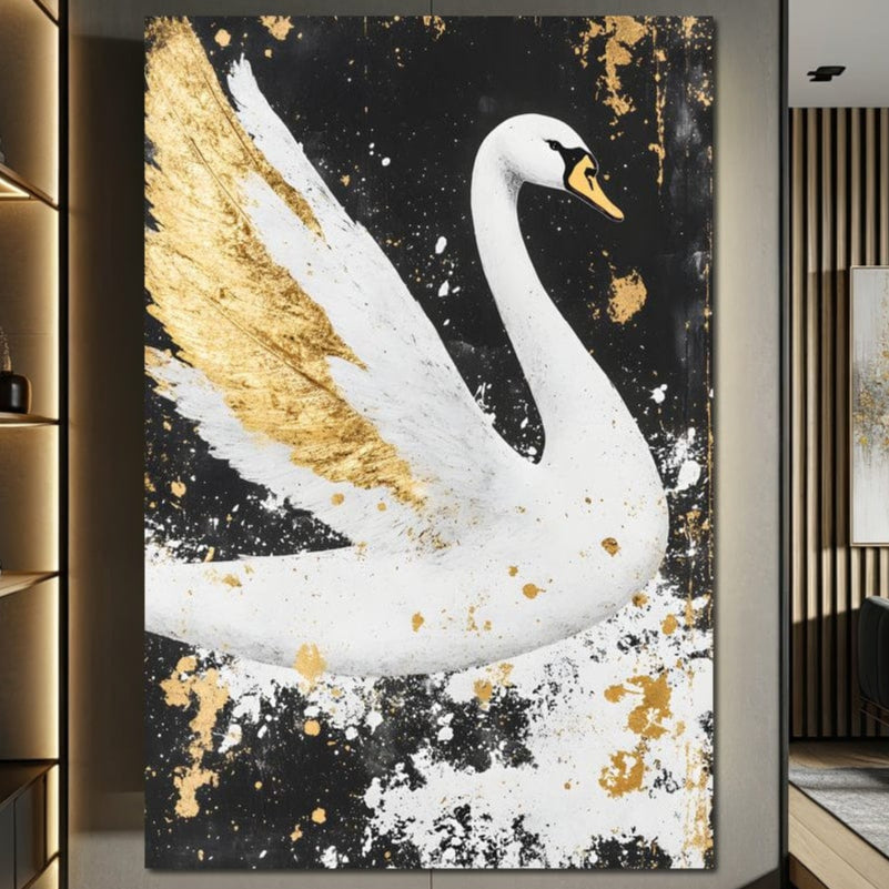 tablou canvas cu o lebada alba pe fundal negru decorativ si detalii aurii