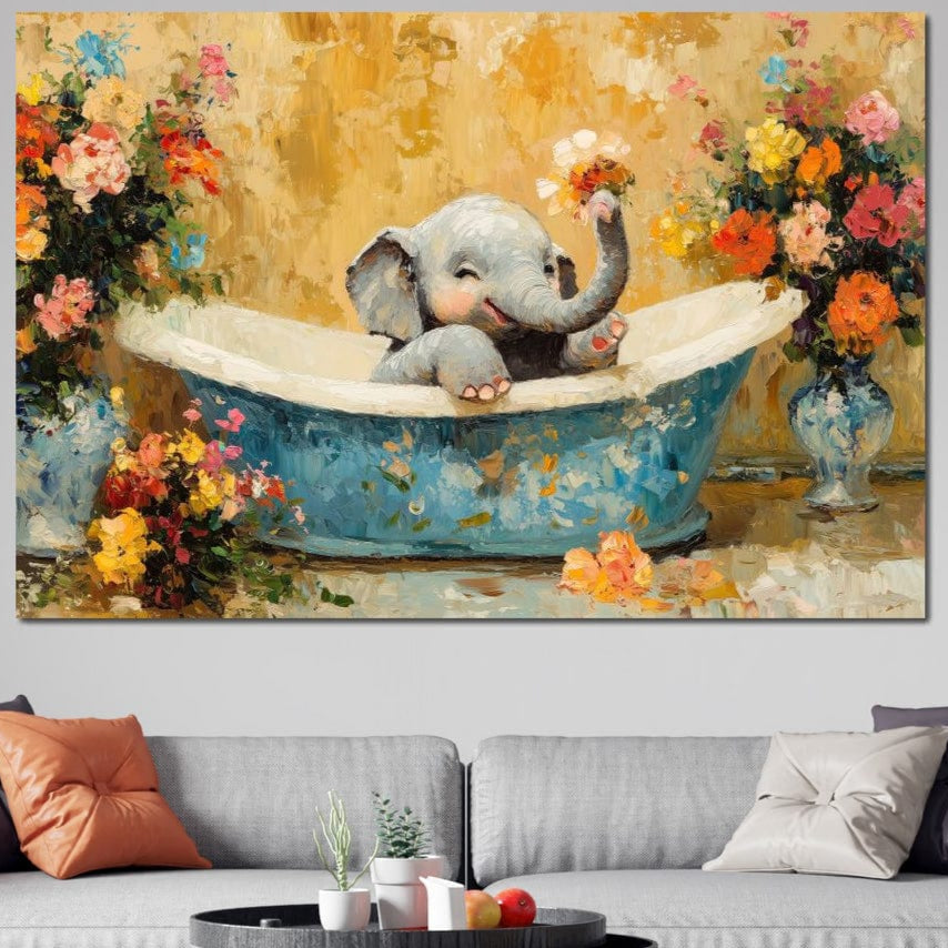 Tablou Canvas Premium LuxCanva® M1303 prezintă un pui de elefant jucăuș într-o cadă vintage albastră, înconjurat de flori colorate - decor perfect pentru living, birou sau camera copilului.