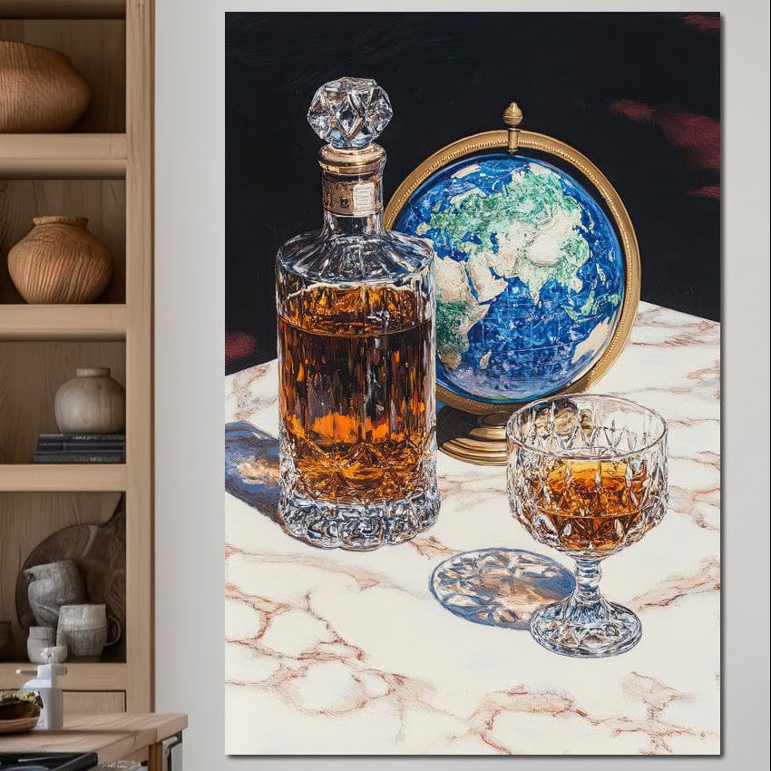 tablou canvas cu o sticla si un pahar de whiskey, pe o masa de marmura alba, langa o decoratiune reprezentand globul pamantesc