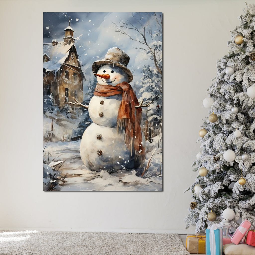 Tablou Canvas Premium LuxCanva® D1023, Zambetul Omului de Zapada , Fular, Palarie, SnowMan, Curte, Copii, Living Room, Culori vibrante