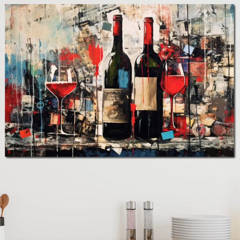 tablou canvas cu doua sticle si doua pahare de vin rosu, pictate in stil graffiti pe fundal urban abstract