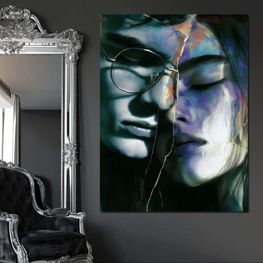 Tablou Canvas Premium, LuxCanva® G1242, Tacerea Dintre Noi, Cioburi, Rupt, Intreg, Iubire, El, Ea, Ochelari, Tacere, Atingeri, Dor, Unire, Fragilitate, Chipuri, Noi, Suflet, Cuplu, Salon, Living, Dormitor