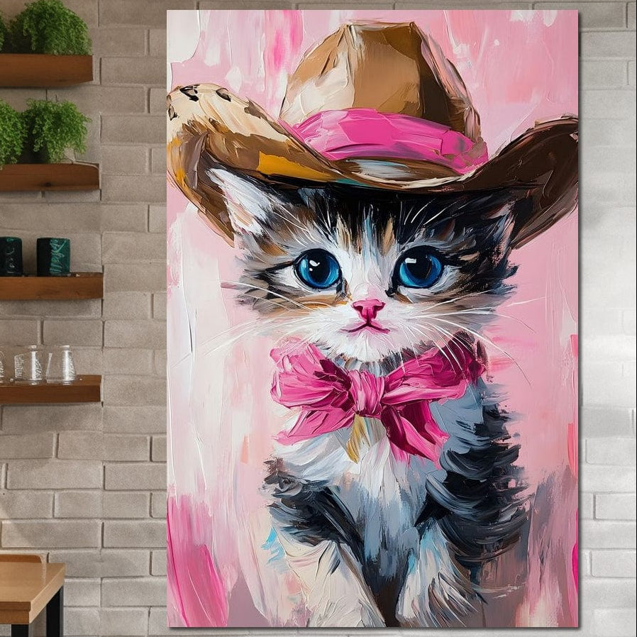 Tablou Canvas Premium LuxCanva® M1496: Pisicuță adorabilă cu pălărie de cowboy maro, fundiță roz și ochi albaștri, pe fundal roz, ideal pentru dormitor, birou sau camera copilului.
