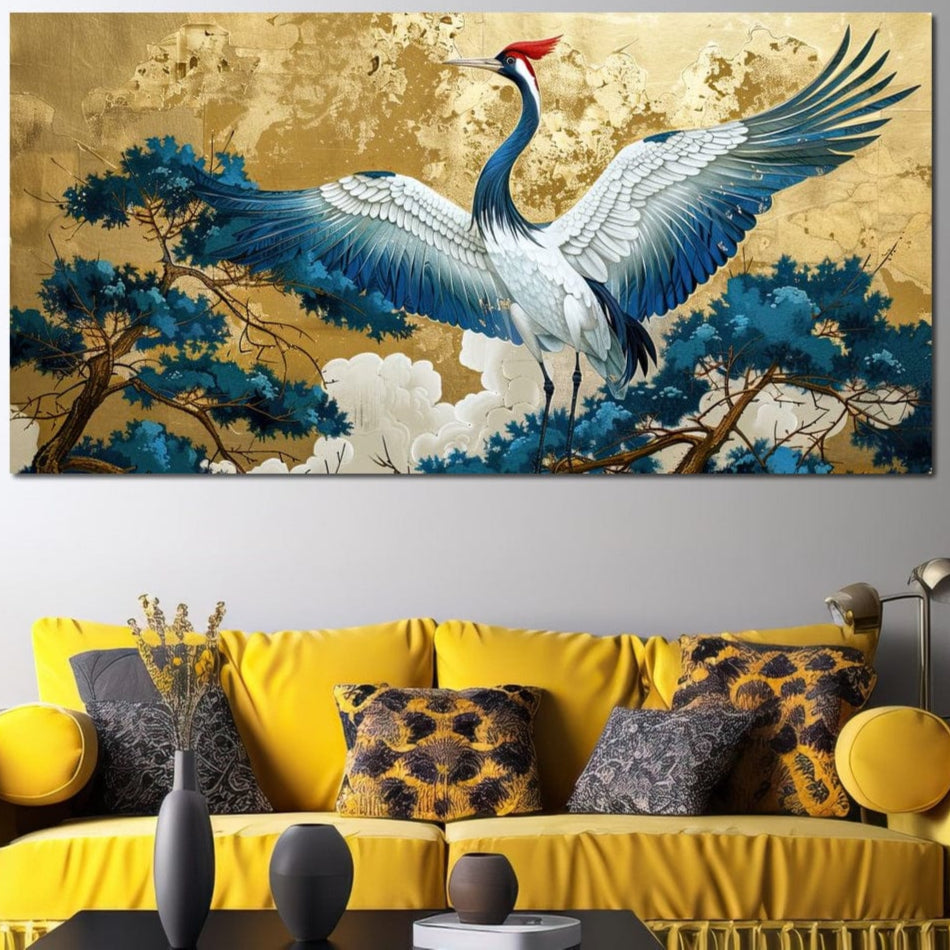 tablou canvas cu un cocor alb cu aripile intinse pe fundal de padure sub nori aurii