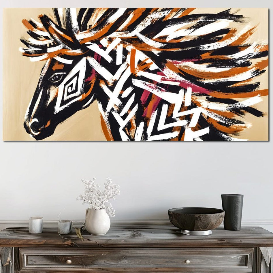 tablou canvas cu un cal negru, pictat in dungi albe si portocalii, pe fundal bej