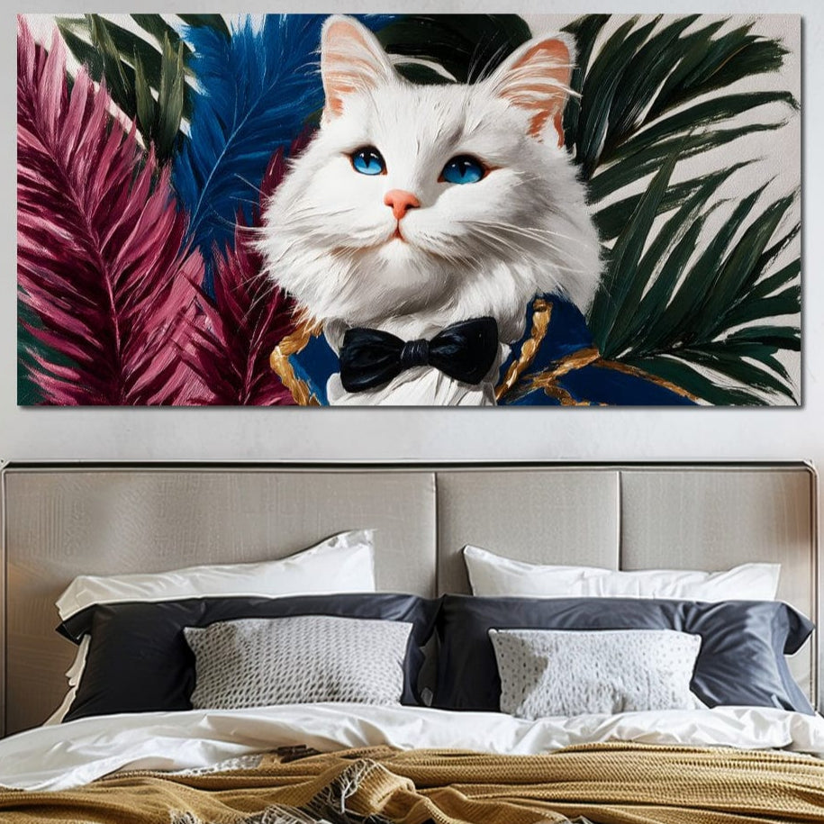 tablou canvas cu o pisica alba, in costum elegant cu papion negru, pe fundal cu frunze albastre, rosii si verzi