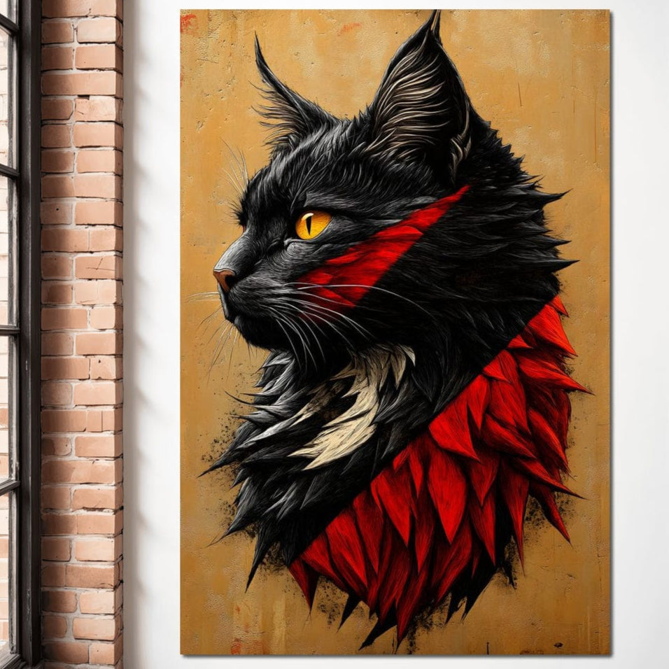 tablou canvas cu o pisica, surprinsa din profil, in nuante de negru alb si rosu, pe fundal cu textura unui perete bej