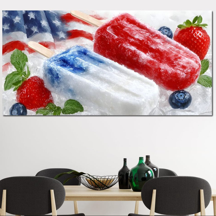 tablou canvas cu doua inghetate, printre afine si capsuni, pe fundal deschis cu steagul Americii