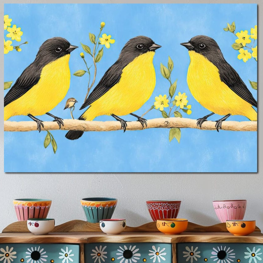 tablou canvas cu 3 pasari cu penaj negru si galben pe o ramura inflorita, pe fundal albastru pastelat