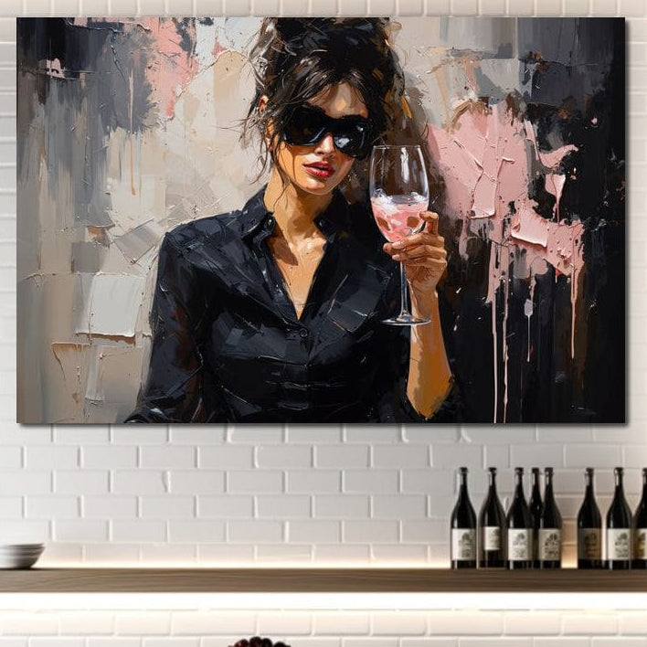 tablou canvas cu o femeie cu ochelari de soare si un pahar de vin rose, pe fundal pictat in nuante de negru, roz si alb