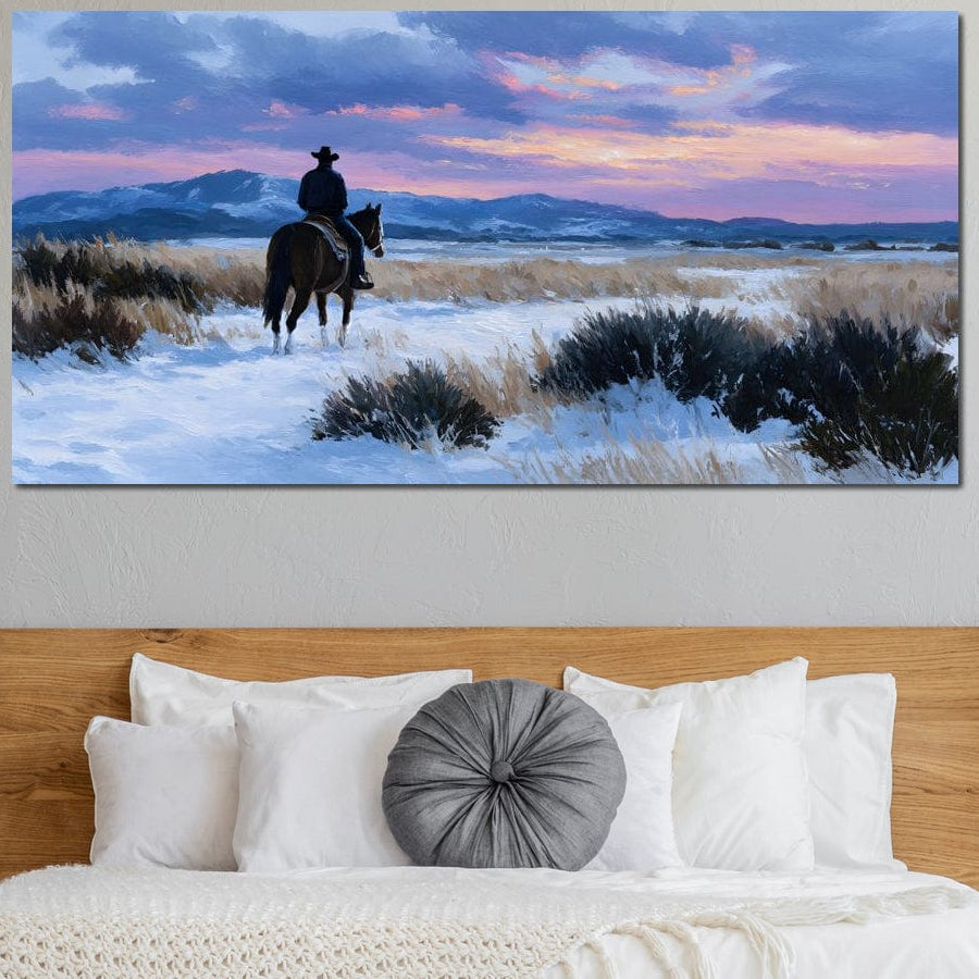 tablou canvas cu un barbat pe un cal, intr-un peisaj Western la apus de Soare, pictat in nuante pastelate