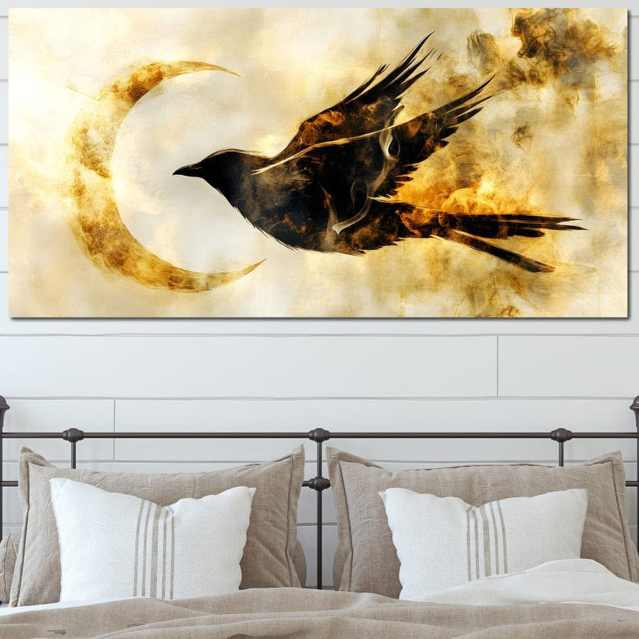 tablou canvas cu silueta unei pasari negre in zbor printre flacari, langa o semiluna pe fundal bej cu efect de fum