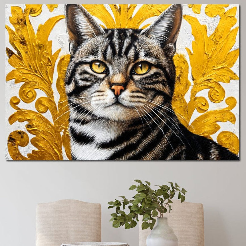 tablou canvas cu o pisica tigrata cu ochii galbeni, pe fundal alb cu accente aurii