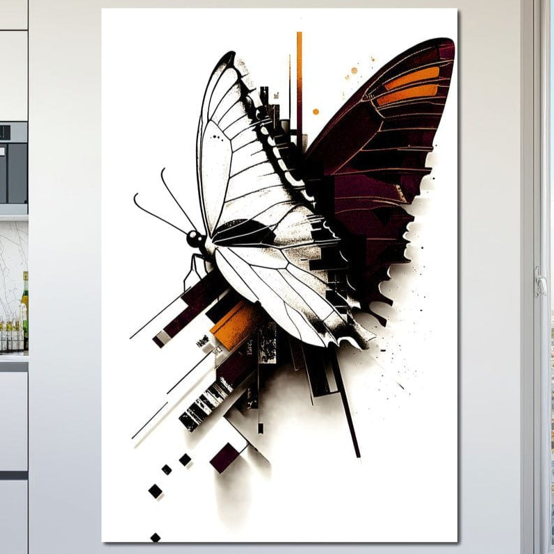 tablou canvas cu un fluture desenat in alb negru, pe fundal abstract, liniar si deschis