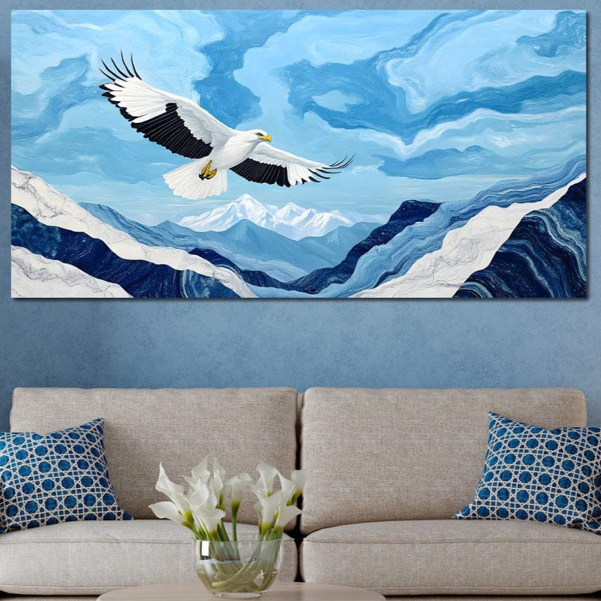 tablou canvas cu un vultur alb zburand deasupra muntilor albastri, pe fundal redat in texturi picturale ondulate