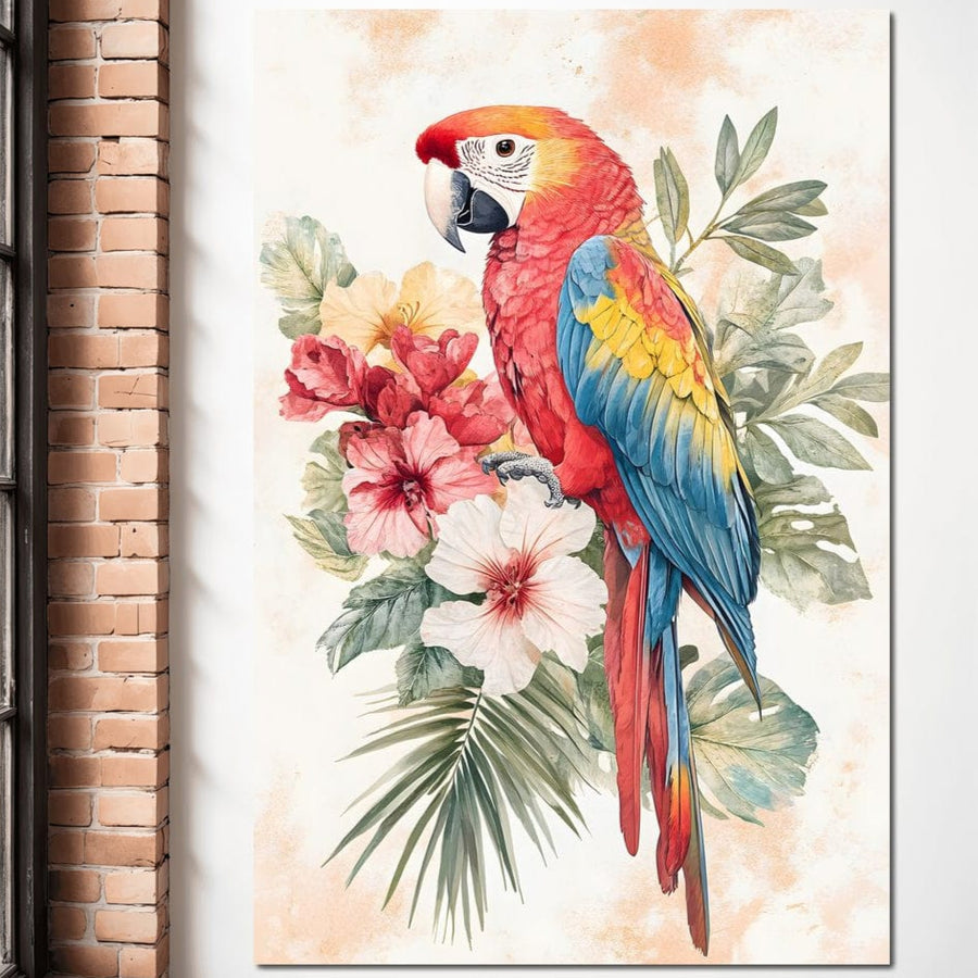 tablou canvas cu un papagal exotic rosu printre flori si frunzis tropical, pe fundal deschis