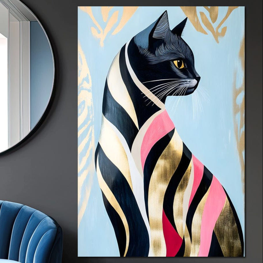 tablou canvas cu o pisica stilizata in linii curbe aurii, roz si negre, pe fundal deschis cu texturi fine aurii