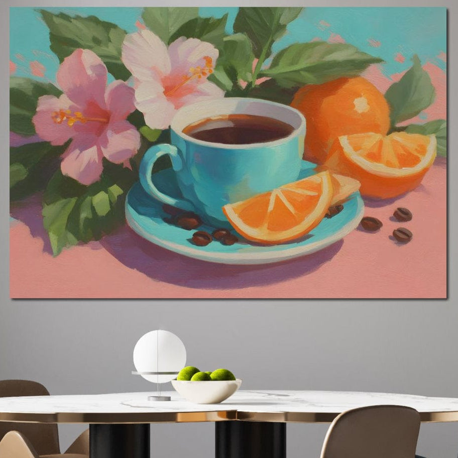 tablou canvas cu o ceasca de cafea, boabe de cafea, portocale si flori pictate in nuante pastelate