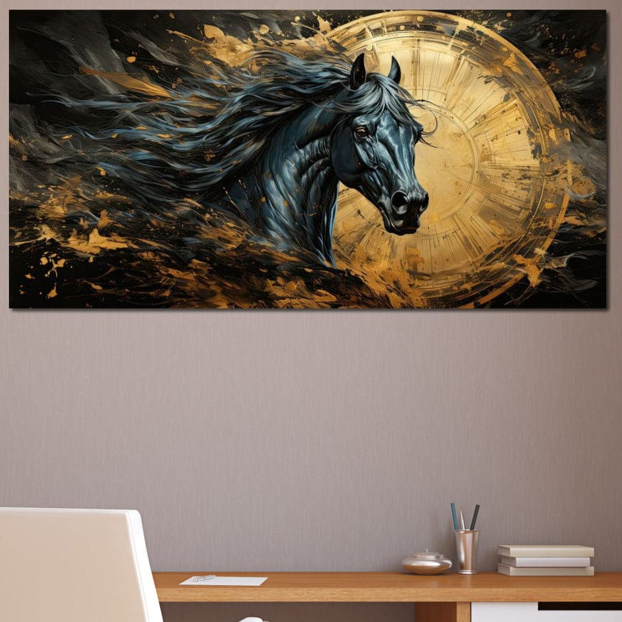 tablou canvas cu un cal negru redat in stil artistic, cu coama fluturand in valuri intunecate, pe fundal cu accente aurii