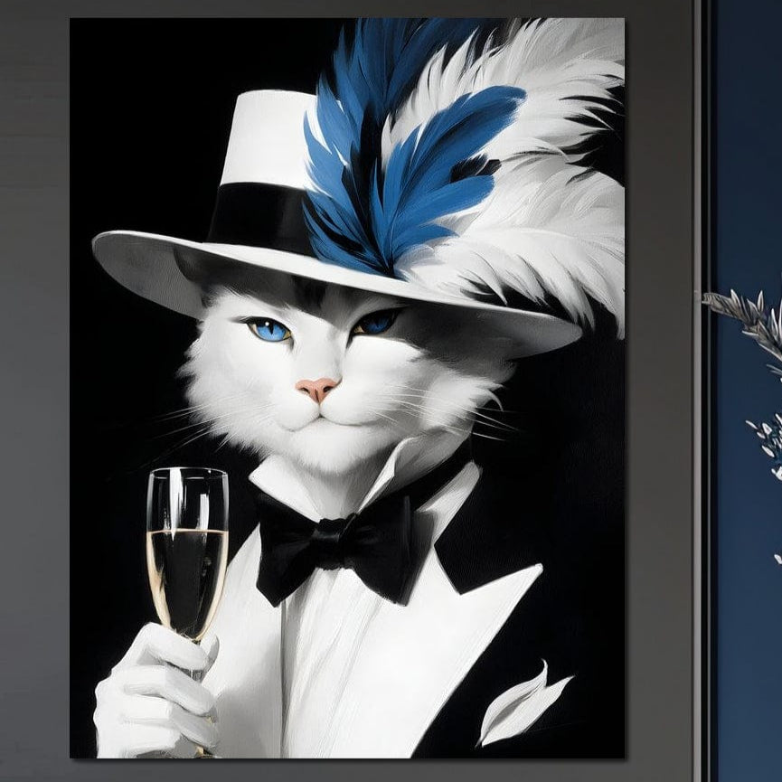 tablou canvas cu o pisica alba aristocrata, in costum cu palarie cu pene si un pahar de sampanie, pe fundal negru