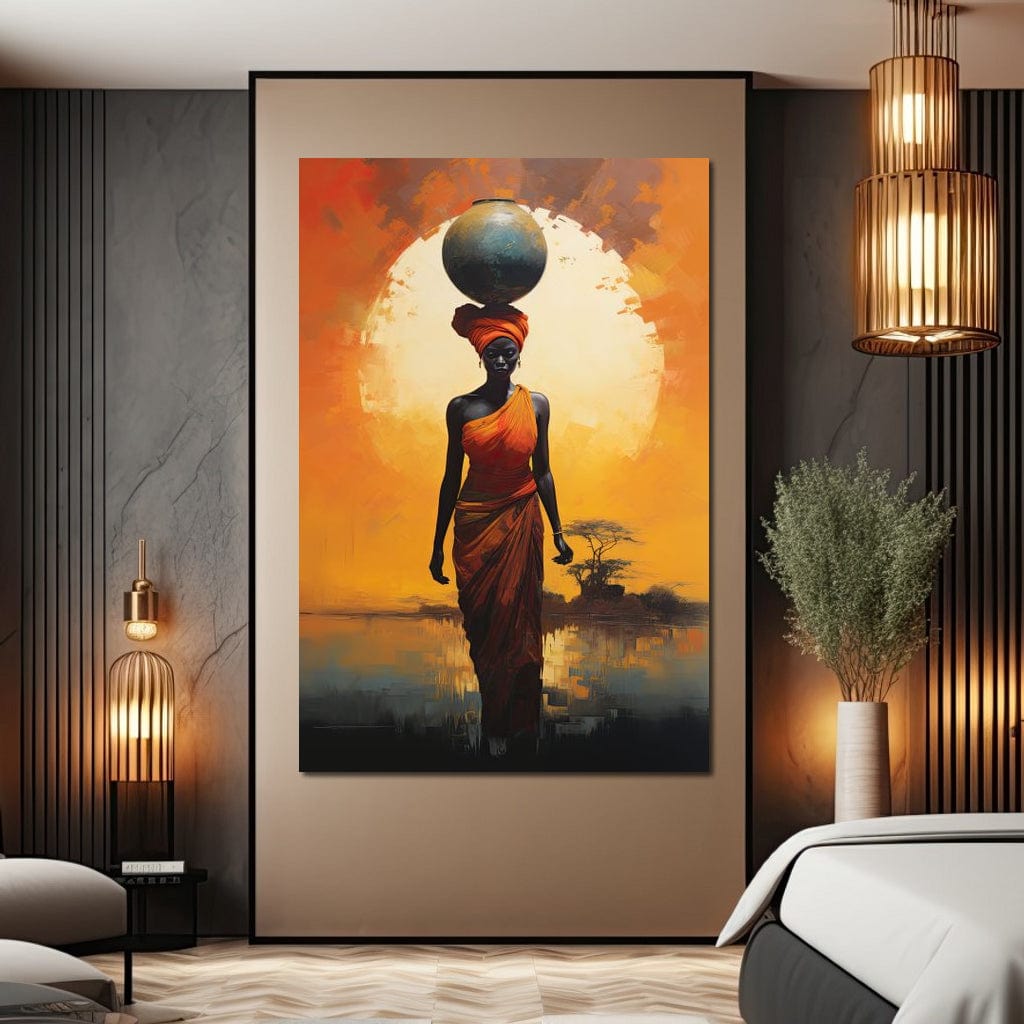 Tablou Canvas Premium LuxCanva® G1064, Sub Soarele Africii , Gratie, Forta, Drum, Apus, Silueta, Putere, Femeie, Portocaliu, Living, Dormitor