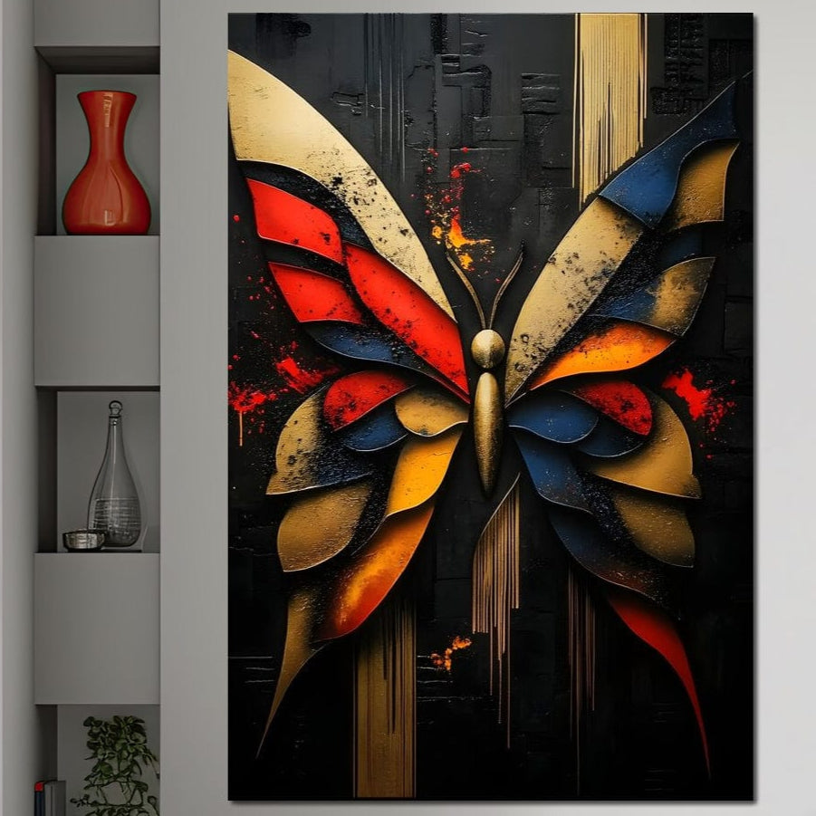 tablou canvas cu un fluture compus din forme si texturi metalice in nuante de rosu, auriu si albastru, pe fundal abstract intunecat