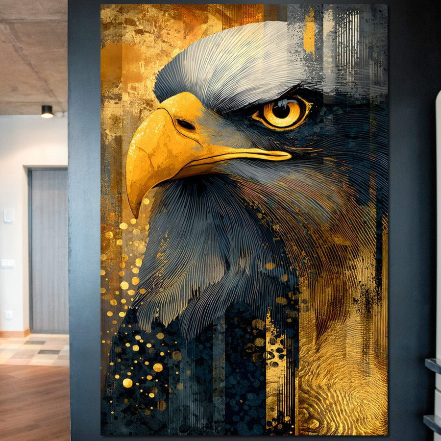 tablou canvas cu un vultur stilizat in nuante aurii si albastre